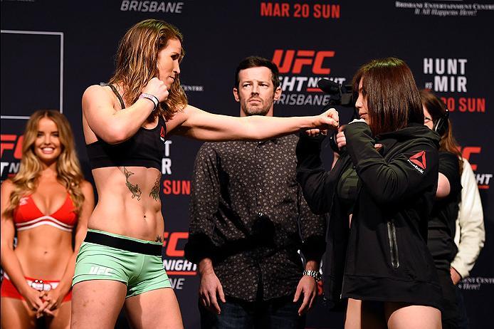 BRISBANE, AUSTRALIA - MARCH 19: (L-R) Opponents Leslie Smith and Rin Nakai of Japan face off during the UFC Fight Night weigh-in at the Brisbane Entertainment Centre on March 19, 2016 in Brisbane, Australia. (Photo by Josh Hedges/Zuffa LLC/Zuffa LLC via