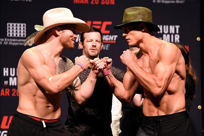 BRISBANE, AUSTRALIA - MARCH 19: (L-R) Opponents Brendan O'Reilly of Australia and Alan Jouban face off during the UFC Fight Night weigh-in at the Brisbane Entertainment Centre on March 19, 2016 in Brisbane, Australia. (Photo by Josh Hedges/Zuffa LLC/Zuff