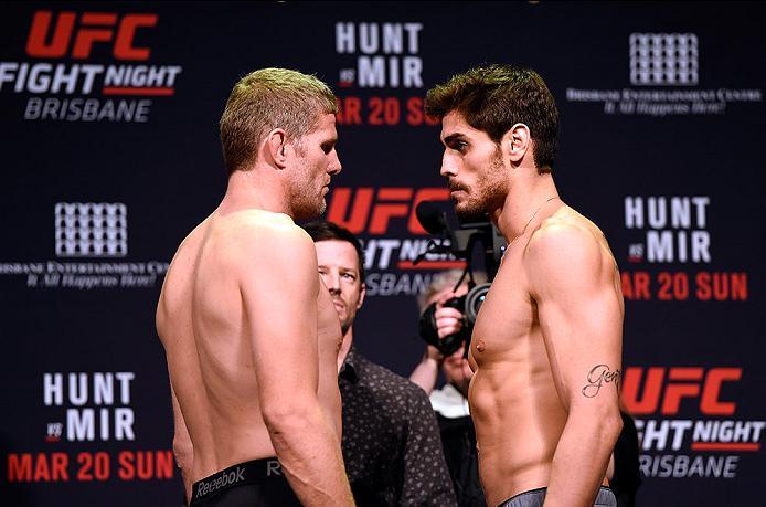 BRISBANE, AUSTRALIA - MARCH 19: (L-R) Daniel Kelly of Australia and Antonio Carlos Junior of Brazil face off during the UFC Fight Night weigh-in at the Brisbane Entertainment Centre on March 19, 2016 in Brisbane, Australia. (Photo by Josh Hedges/Zuffa L
