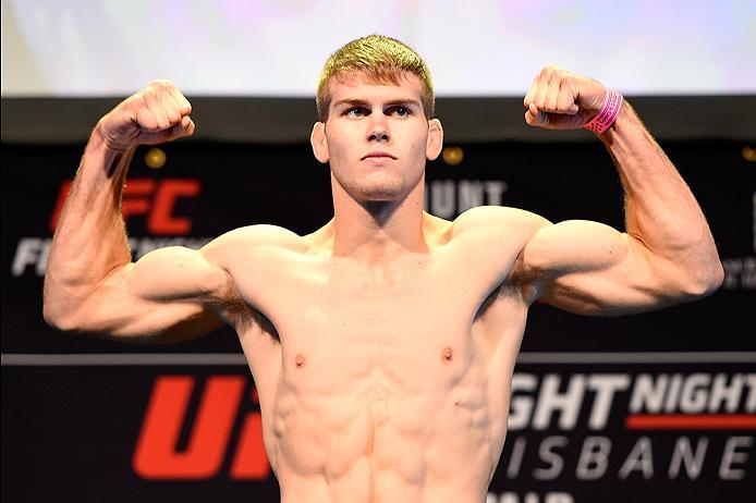 BRISBANE, AUSTRALIA - MARCH 19: Jake Matthews of Australia weighs in weighs in during the UFC Fight Night weigh-in at the Brisbane Entertainment Centre on March 19, 2016 in Brisbane, Australia. (Photo by Josh Hedges/Zuffa LLC/Zuffa LLC via Getty Images)