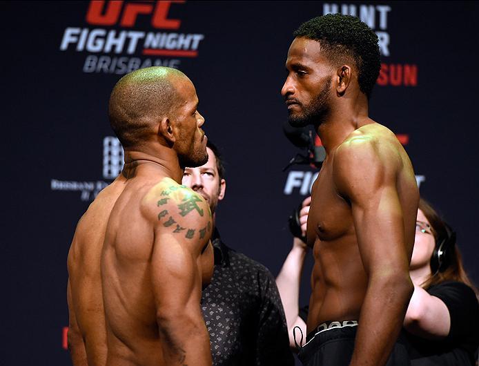 BRISBANE, AUSTRALIA - MARCH 19: (L-R) Opponents Hector Lombard of Cuba and Neil Magny face off during the UFC Fight Night weigh-in at the Brisbane Entertainment Centre on March 19, 2016 in Brisbane, Australia. (Photo by Josh Hedges/Zuffa LLC/Zuffa LLC v
