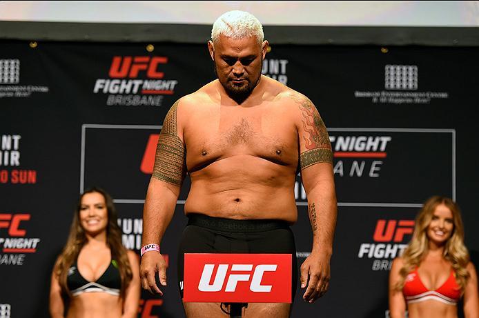 BRISBANE, AUSTRALIA - MARCH 19: Mark Hunt of New Zealand weighs in during the UFC Fight Night weigh-in at the Brisbane Entertainment Centre on March 19, 2016 in Brisbane, Australia. (Photo by Josh Hedges/Zuffa LLC/Zuffa LLC via Getty Images)