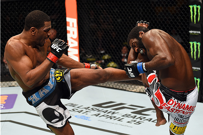 FAIRFAX, VA - APRIL 04: (L-R) Ron Stallings kicks Justin Jones in their middleweight fight during the UFC Fight Night event at the Patriot Center on April 4, 2015 in Fairfax, Virginia. (Photo by Josh Hedges/Zuffa LLC/Zuffa LLC via Getty Images)
