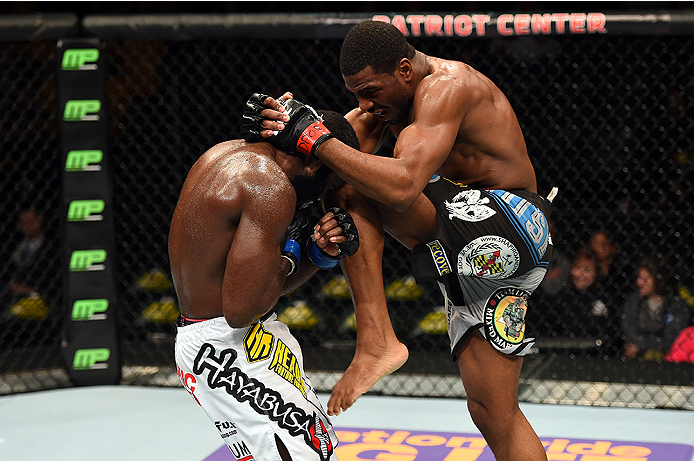 FAIRFAX, VA - APRIL 04: (R-L) Ron Stallings lands a knee to Justin Jones in their middleweight fight during the UFC Fight Night event at the Patriot Center on April 4, 2015 in Fairfax, Virginia. (Photo by Josh Hedges/Zuffa LLC/Zuffa LLC via Getty Images