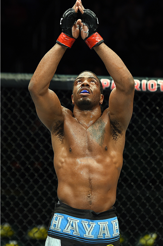 FAIRFAX, VA - APRIL 04: Ron Stallings celebrates after defeating Justin Jones in their middleweight fight during the UFC Fight Night event at the Patriot Center on April 4, 2015 in Fairfax, Virginia. (Photo by Josh Hedges/Zuffa LLC/Zuffa LLC via Getty I