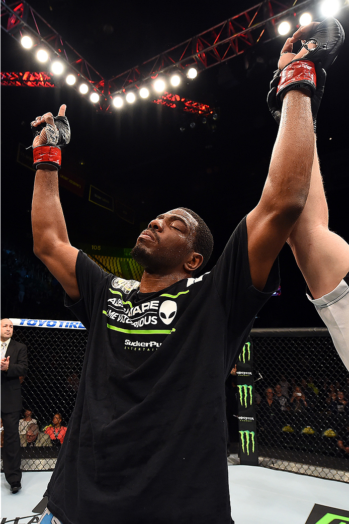 FAIRFAX, VA - APRIL 04: Ron Stallings celebrates after defeating Justin Jones in their middleweight fight during the UFC Fight Night event at the Patriot Center on April 4, 2015 in Fairfax, Virginia. (Photo by Josh Hedges/Zuffa LLC/Zuffa LLC via Getty I