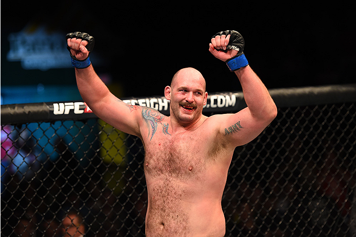 FAIRFAX, VA - APRIL 04: Timothy Johnson celebrates after defeating Shamil Abdurakhimov of Russia in their heavyweight fight during the UFC Fight Night event at the Patriot Center on April 4, 2015 in Fairfax, Virginia. (Photo by Josh Hedges/Zuffa LLC/Zuff