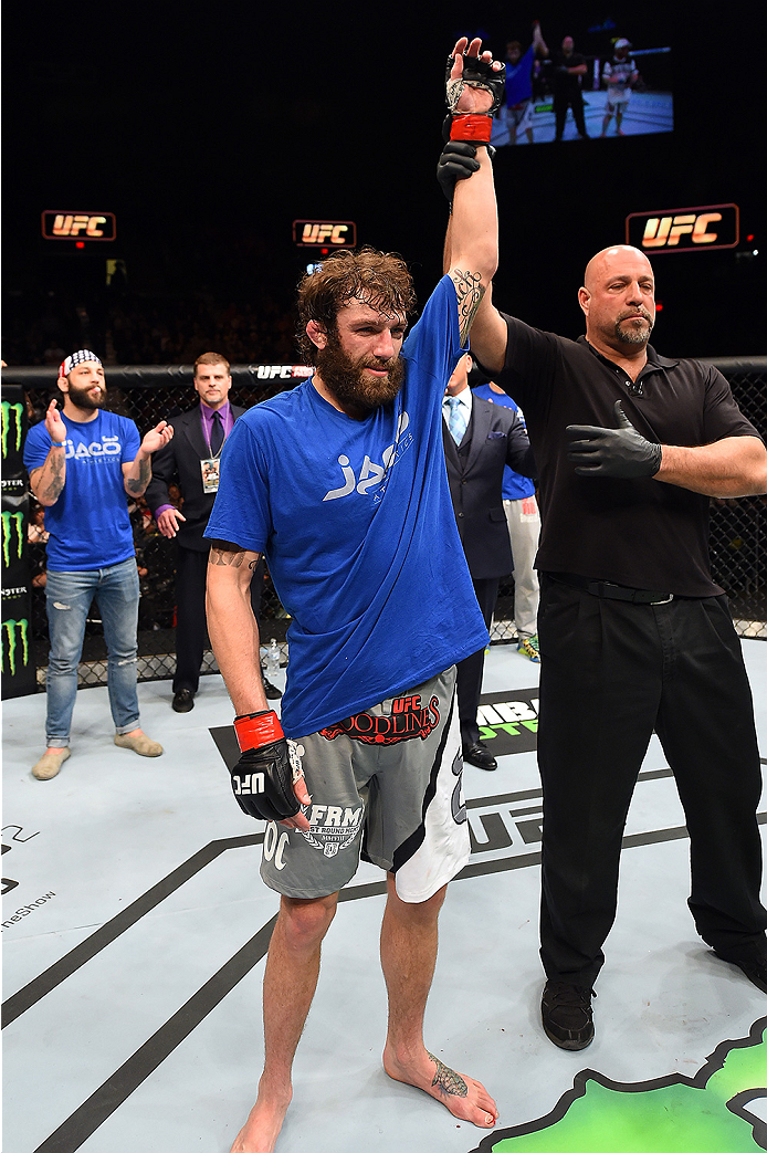 FAIRFAX, VA - APRIL 04: Michael Chiesa celebrates after defeating Mitch Clarke in their lightweight fight during the UFC Fight Night event at the Patriot Center on April 4, 2015 in Fairfax, Virginia. (Photo by Josh Hedges/Zuffa LLC/Zuffa LLC via Getty Im