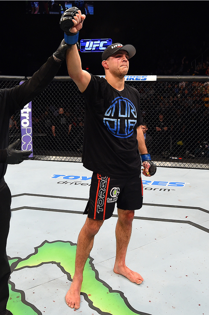 FAIRFAX, VA - APRIL 04: Al Iaquinta celebrates after defeating Jorge Masvidal by split decision in their lightweight fight during the UFC Fight Night event at the Patriot Center on April 4, 2015 in Fairfax, Virginia. (Photo by Josh Hedges/Zuffa LLC/Zuffa