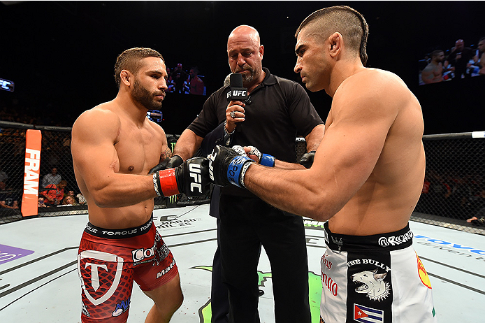 FAIRFAX, VA - APRIL 04: (L-R) Chad Mendes and Ricardo Lamas touch gloves before in their featherweight fight during the UFC Fight Night event at the Patriot Center on April 4, 2015 in Fairfax, Virginia. (Photo by Josh Hedges/Zuffa LLC/Zuffa LLC via Gett