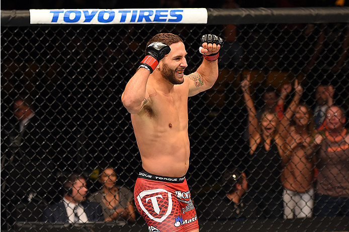 FAIRFAX, VA - APRIL 04: Chad Mendes celebrates after defeating Ricardo Lamas in their featherweight fight during the UFC Fight Night event at the Patriot Center on April 4, 2015 in Fairfax, Virginia. (Photo by Josh Hedges/Zuffa LLC/Zuffa LLC via Getty Im