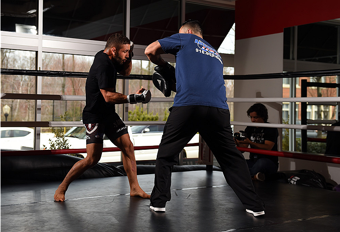 FAIRFAX, VA - APRIL 02: Chad Mendes holds an open training session for fans and media at the UFC Gym on April 2, 2015 in Fairfax, Virginia. (Photo by Josh Hedges/Zuffa LLC/Zuffa LLC via Getty Images)