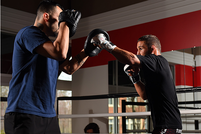 FAIRFAX, VA - APRIL 02: Chad Mendes holds an open training session for fans and media at the UFC Gym on April 2, 2015 in Fairfax, Virginia. (Photo by Josh Hedges/Zuffa LLC/Zuffa LLC via Getty Images)