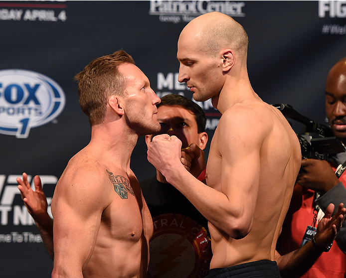 FAIRFAX, VA - APRIL 03: (L-R) Opponents Gray Maynard and Alexander Yakovlev of Russia face off during the UFC weigh-in at the Patriot Center on April 3, 2015 in Fairfax, Virginia. (Photo by Josh Hedges/Zuffa LLC/Zuffa LLC via Getty Images)