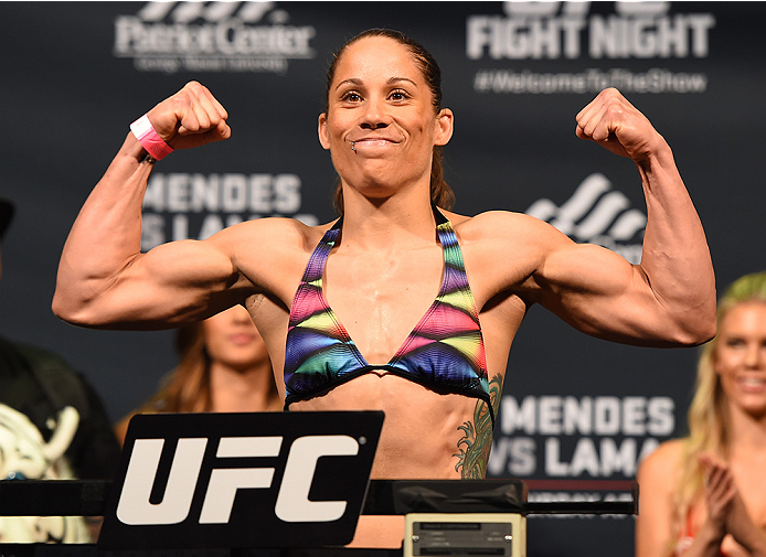FAIRFAX, VA - APRIL 03: Liz Carmouche weighs in during the UFC weigh-in at the Patriot Center on April 3, 2015 in Fairfax, Virginia. (Photo by Josh Hedges/Zuffa LLC/Zuffa LLC via Getty Images)