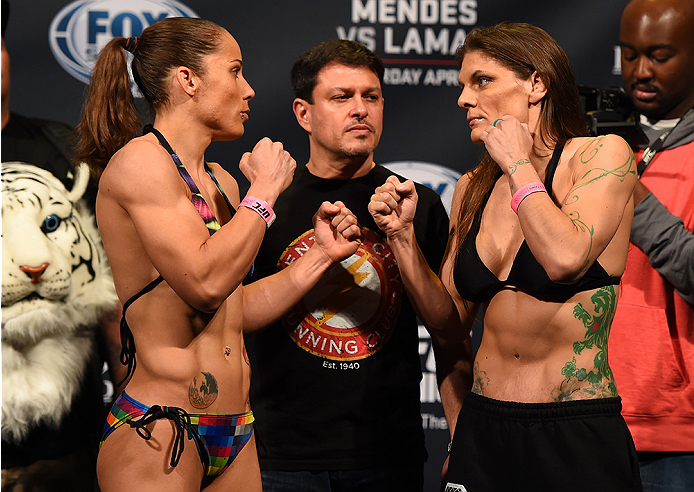 FAIRFAX, VA - APRIL 03: (L-R) Opponents Liz Carmouche and Lauren Murphy face off during the UFC weigh-in at the Patriot Center on April 3, 2015 in Fairfax, Virginia. (Photo by Josh Hedges/Zuffa LLC/Zuffa LLC via Getty Images)