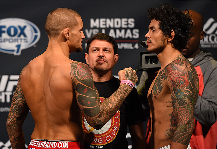 FAIRFAX, VA - APRIL 03: (L-R) Opponents Dustin Poirier and Diego Ferreira of Brazil face off during the UFC weigh-in at the Patriot Center on April 3, 2015 in Fairfax, Virginia. (Photo by Josh Hedges/Zuffa LLC/Zuffa LLC via Getty Images)