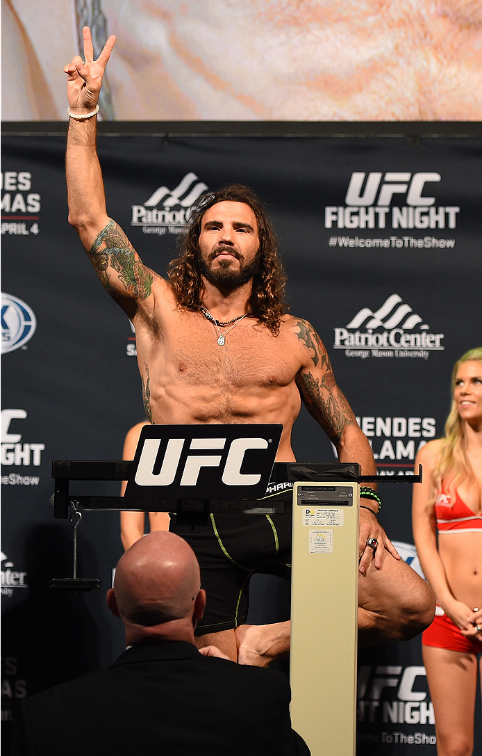 FAIRFAX, VA - APRIL 03: Clay Guida weighs in during the UFC weigh-in at the Patriot Center on April 3, 2015 in Fairfax, Virginia. (Photo by Josh Hedges/Zuffa LLC/Zuffa LLC via Getty Images)