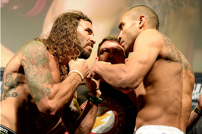FAIRFAX, VA - APRIL 03: (L-R) Opponents Clay Guida and Robbie Peralta face off during the UFC weigh-in at the Patriot Center on April 3, 2015 in Fairfax, Virginia. (Photo by Mike Roach/Zuffa LLC/Zuffa LLC via Getty Images)