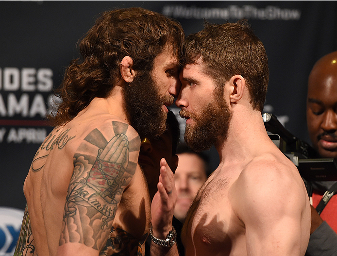 FAIRFAX, VA - APRIL 03: (L-R) Opponents Michael Chiesa and Mitch Clarke of Canada face off during the UFC weigh-in at the Patriot Center on April 3, 2015 in Fairfax, Virginia. (Photo by Josh Hedges/Zuffa LLC/Zuffa LLC via Getty Images)