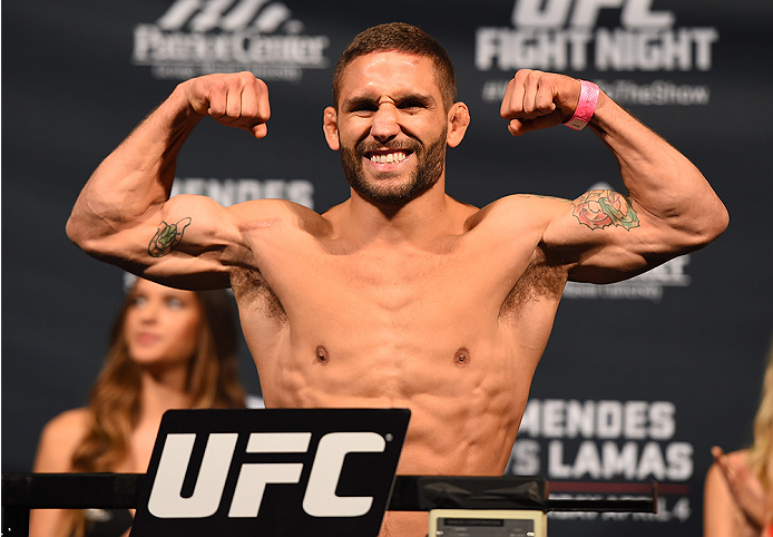 FAIRFAX, VA - APRIL 03: Chad Mendes weighs in during the UFC weigh-in at the Patriot Center on April 3, 2015 in Fairfax, Virginia. (Photo by Josh Hedges/Zuffa LLC/Zuffa LLC via Getty Images)