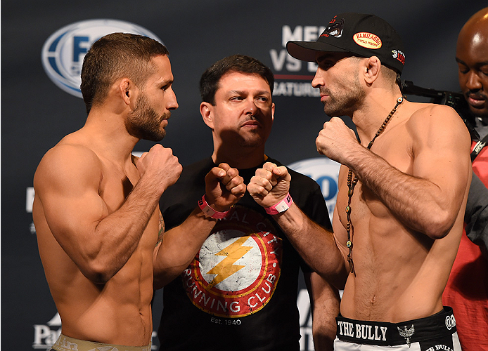 FAIRFAX, VA - APRIL 03: (L-R) Opponents Chad Mendes and Ricardo Lamas face off during the UFC weigh-in at the Patriot Center on April 3, 2015 in Fairfax, Virginia. (Photo by Josh Hedges/Zuffa LLC/Zuffa LLC via Getty Images)