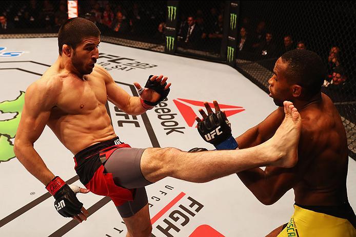 HAMBURG, GERMANY - SEPTEMBER 03: Rustam Khabilov (L) of Russia kicks facing Leandro Silva (R) of Brazil in their Lightweight Bout during the UFC Fight Night held at Barclaycard Arena on September 3, 2016 in Hamburg, Germany. (Photo by Dean Mouhtaropoul