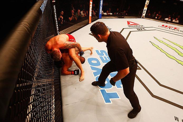 HAMBURG, GERMANY - SEPTEMBER 03: Christian Colombo (top) of Denmark controls the body of Jarjis Danho (L) of Syria compete in their Heavyweight Bout during the UFC Fight Night held at Barclaycard Arena on September 3, 2016 in Hamburg, Germany. (Photo b