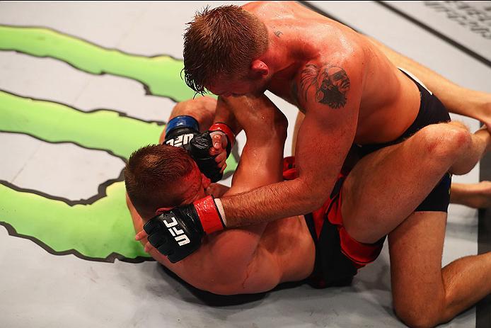 HAMBURG, GERMANY - SEPTEMBER 03: Alexander Gustafsson (top) of Sweden controls the body of Jan Blachowicz (L) of Poland compete in their Light Heavyweight Bout during the UFC Fight Night held at Barclaycard Arena on September 3, 2016 in Hamburg, Germany