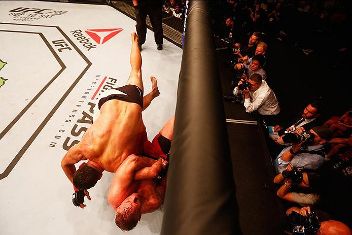 HAMBURG, GERMANY - SEPTEMBER 03: Josh Barnett (top) of USA controls the body of Andrei Arlovski of Belarus compete in their Heavyweight Bout during the UFC Fight Night held at Barclaycard Arena at Barclaycard Arena on September 3, 2016 in Hamburg, Ger