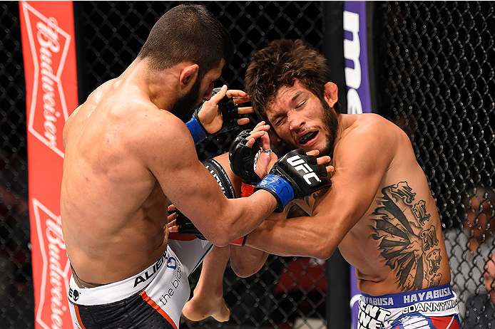 HOLLYWOOD, FL - JUNE 27: (L-R) Sirwan Kakai of Sweden lands a knee to the head of Danny Martinez in their bantamweight during the UFC Fight Night event at the Hard Rock Live on June 27, 2015 in Hollywood, Florida. (Photo by Josh Hedges/Zuffa LLC/Zuffa L