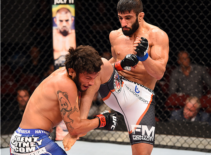 HOLLYWOOD, FL - JUNE 27: (R-L) Sirwan Kakai of Sweden lands a knee to the head of Danny Martinez in their bantamweight during the UFC Fight Night event at the Hard Rock Live on June 27, 2015 in Hollywood, Florida. (Photo by Josh Hedges/Zuffa LLC/Zuffa L