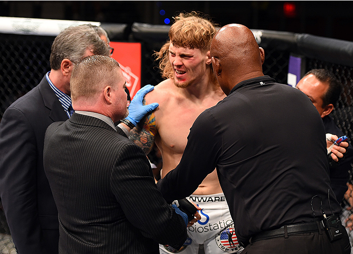 HOLLYWOOD, FL - JUNE 27: Steve Montgomery reacts after being defeated by Tony Simsin their welterweight during the UFC Fight Night event at the Hard Rock Live on June 27, 2015 in Hollywood, Florida. (Photo by Josh Hedges/Zuffa LLC/Zuffa LLC via Getty Ima