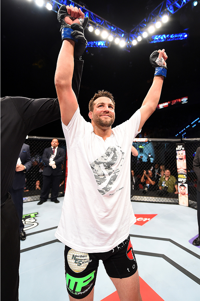 HOLLYWOOD, FL - JUNE 27: Tony Sims celebrates after defeating Steve Montgomery in their welterweight during the UFC Fight Night event at the Hard Rock Live on June 27, 2015 in Hollywood, Florida. (Photo by Josh Hedges/Zuffa LLC/Zuffa LLC via Getty Image