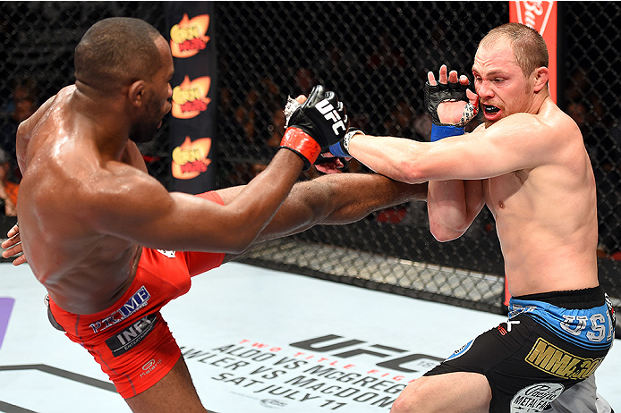 HOLLYWOOD, FL - JUNE 27: (L-R) Leandro Silva of Brazil kicks Lewis Gonzalez in their welterweight during the UFC Fight Night event at the Hard Rock Live on June 27, 2015 in Hollywood, Florida. (Photo by Josh Hedges/Zuffa LLC/Zuffa LLC via Getty Images)