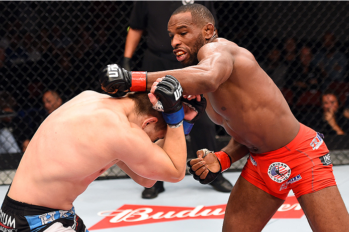 HOLLYWOOD, FL - JUNE 27: (R-L) Leandro Silva of Brazil punches Lewis Gonzalez in their welterweight during the UFC Fight Night event at the Hard Rock Live on June 27, 2015 in Hollywood, Florida. (Photo by Josh Hedges/Zuffa LLC/Zuffa LLC via Getty Images