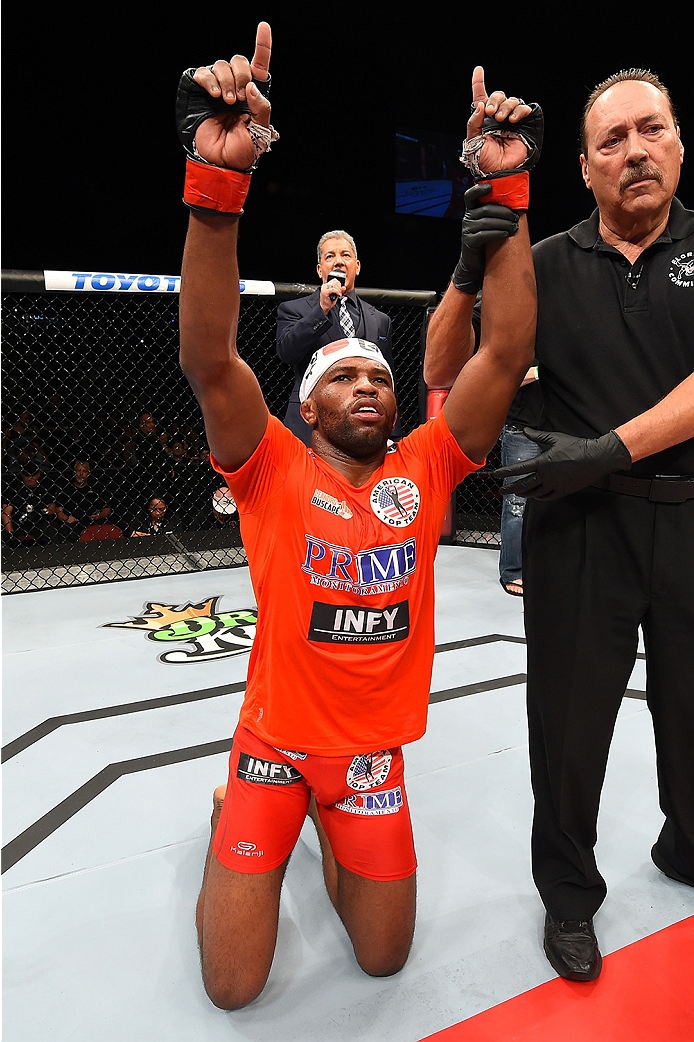 HOLLYWOOD, FL - JUNE 27: Leandro Silva of Brazil celebrates after defeating Lewis Gonzalez in their welterweight during the UFC Fight Night event at the Hard Rock Live on June 27, 2015 in Hollywood, Florida. (Photo by Josh Hedges/Zuffa LLC/Zuffa LLC via