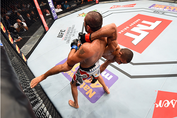 HOLLYWOOD, FL - JUNE 27: (L-R) Levan Makashvili controls the body of Hacran Dias of Brazil in their featherweight during the UFC Fight Night event at the Hard Rock Live on June 27, 2015 in Hollywood, Florida. (Photo by Josh Hedges/Zuffa LLC/Zuffa LLC vi