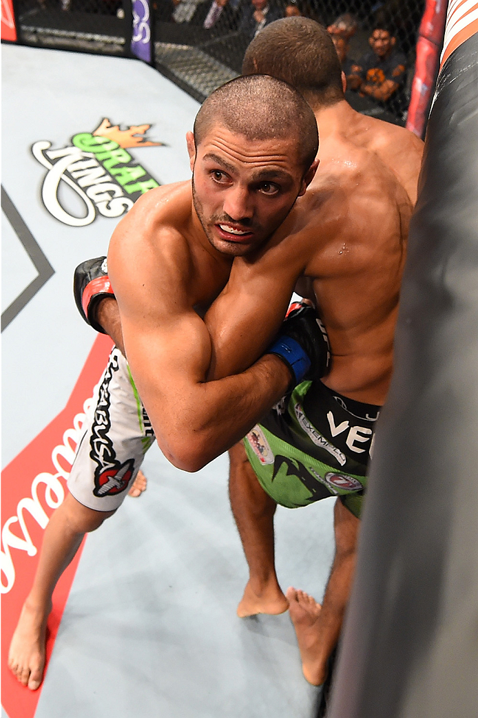 HOLLYWOOD, FL - JUNE 27: (L-R) Levan Makashvili controls the body of Hacran Dias of Brazil in their featherweight during the UFC Fight Night event at the Hard Rock Live on June 27, 2015 in Hollywood, Florida. (Photo by Josh Hedges/Zuffa LLC/Zuffa LLC vi