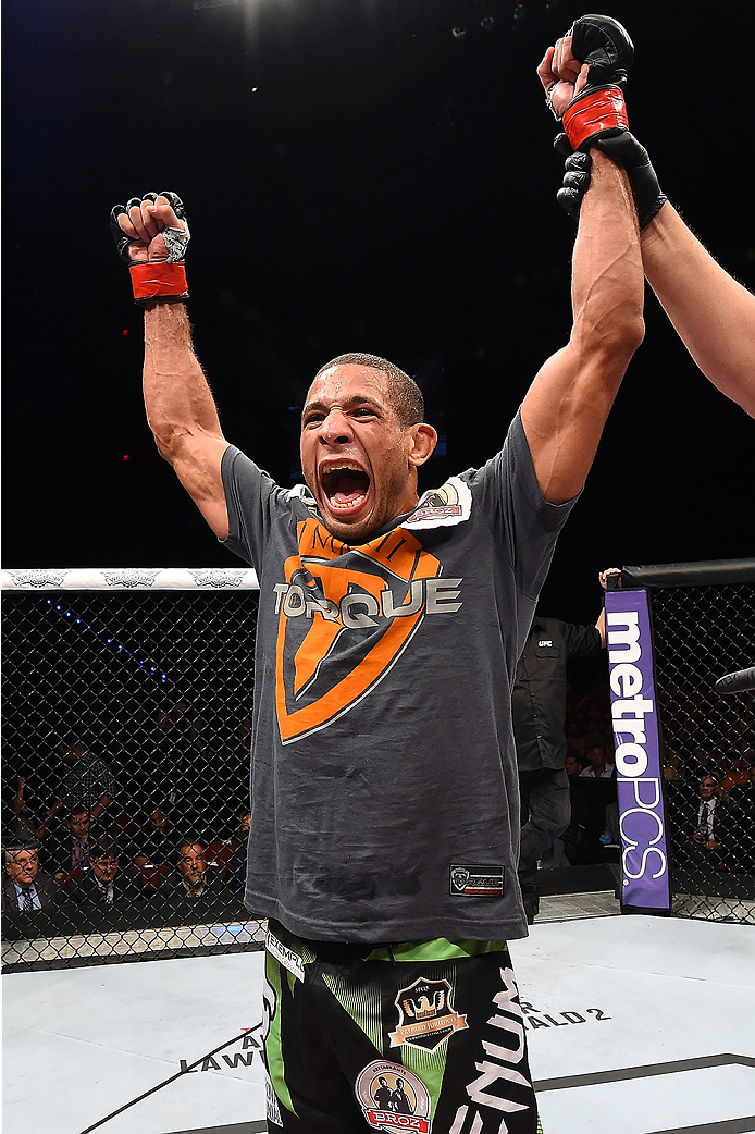 HOLLYWOOD, FL - JUNE 27: Hacran Dias of Brazil celebrates after defeating Levan Makashvili in their featherweight during the UFC Fight Night event at the Hard Rock Live on June 27, 2015 in Hollywood, Florida. (Photo by Josh Hedges/Zuffa LLC/Zuffa LLC via