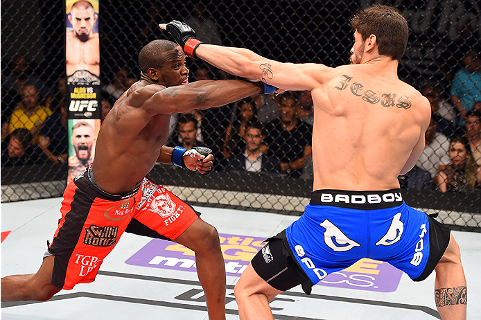 HOLLYWOOD, FL - JUNE 27: (L-R) Eddie Gordon punches Antonio Carlos Junior of Brazil in their middleweight during the UFC Fight Night event at the Hard Rock Live on June 27, 2015 in Hollywood, Florida. (Photo by Josh Hedges/Zuffa LLC/Zuffa LLC via Getty
