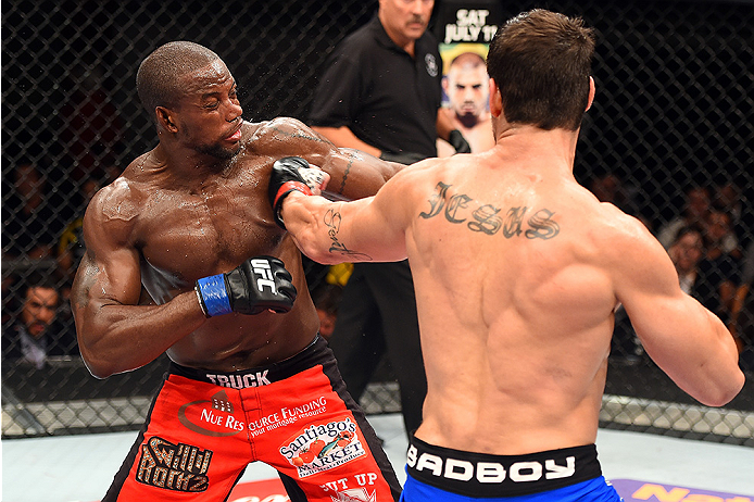 HOLLYWOOD, FL - JUNE 27: (R-L) Antonio Carlos Junior of Brazil punches Eddie Gordon in their middleweight during the UFC Fight Night event at the Hard Rock Live on June 27, 2015 in Hollywood, Florida. (Photo by Josh Hedges/Zuffa LLC/Zuffa LLC via Getty I