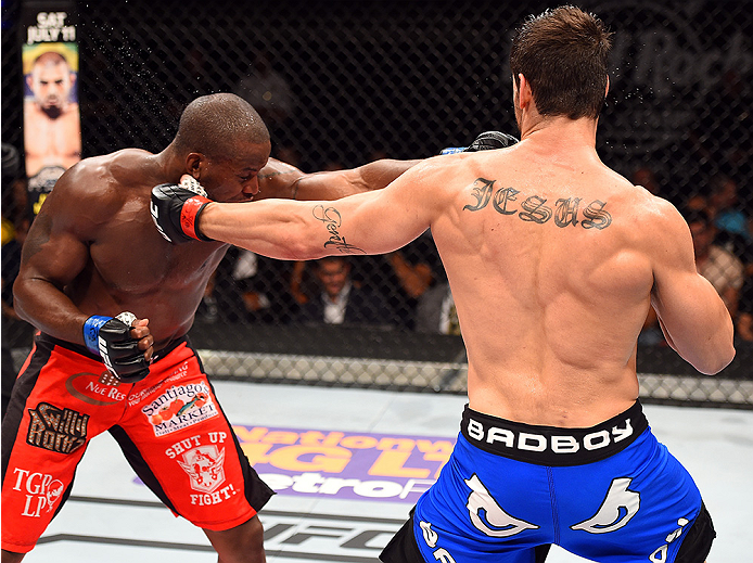 HOLLYWOOD, FL - JUNE 27: (R-L) Antonio Carlos Junior of Brazil punches Eddie Gordon in their middleweight during the UFC Fight Night event at the Hard Rock Live on June 27, 2015 in Hollywood, Florida. (Photo by Josh Hedges/Zuffa LLC/Zuffa LLC via Getty I