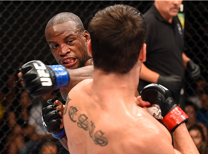 HOLLYWOOD, FL - JUNE 27: (L-R) Eddie Gordon punches at Antonio Carlos Junior of Brazil in their middleweight during the UFC Fight Night event at the Hard Rock Live on June 27, 2015 in Hollywood, Florida. (Photo by Josh Hedges/Zuffa LLC/Zuffa LLC via Gett