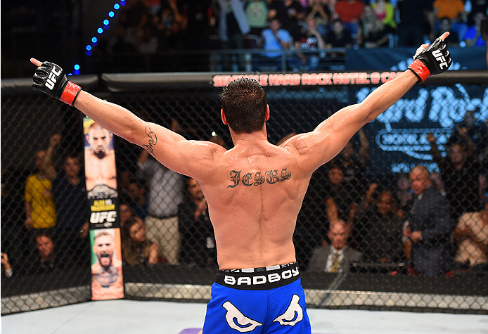 HOLLYWOOD, FL - JUNE 27: Antonio Carlos Junior of Brazil celebrates after defeating Eddie Gordon in their middleweight during the UFC Fight Night event at the Hard Rock Live on June 27, 2015 in Hollywood, Florida. (Photo by Josh Hedges/Zuffa LLC/Zuffa L