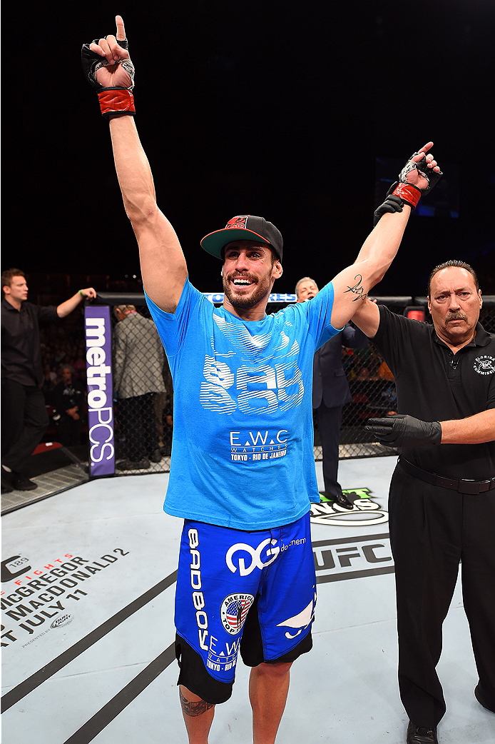 HOLLYWOOD, FL - JUNE 27: Antonio Carlos Junior of Brazil celebrates after defeating Eddie Gordon in their middleweight during the UFC Fight Night event at the Hard Rock Live on June 27, 2015 in Hollywood, Florida. (Photo by Josh Hedges/Zuffa LLC/Zuffa L