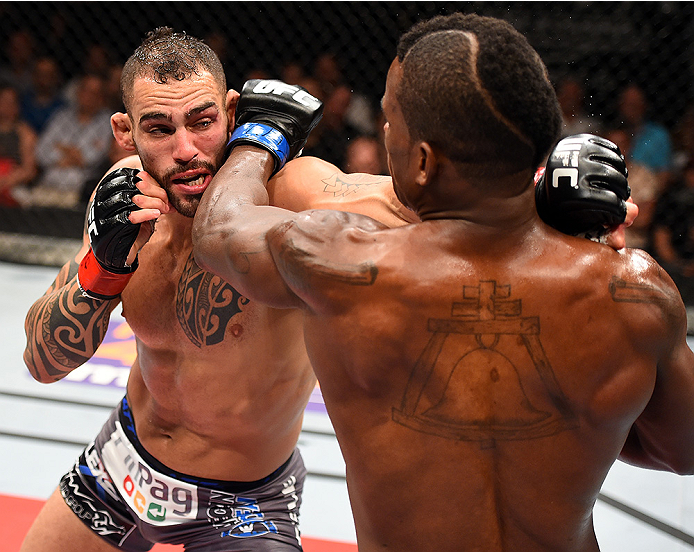 HOLLYWOOD, FL - JUNE 27: (L-R) Santiago Ponzinibbio of Argentina punches Lorenz Larkin in their welterweight during the UFC Fight Night event at the Hard Rock Live on June 27, 2015 in Hollywood, Florida. (Photo by Josh Hedges/Zuffa LLC/Zuffa LLC via Gett