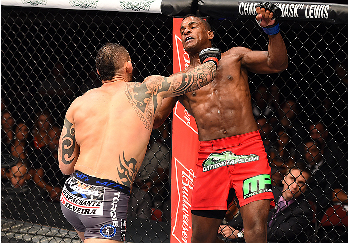 HOLLYWOOD, FL - JUNE 27: (L-R) Santiago Ponzinibbio of Argentina punches Lorenz Larkin in their welterweight during the UFC Fight Night event at the Hard Rock Live on June 27, 2015 in Hollywood, Florida. (Photo by Josh Hedges/Zuffa LLC/Zuffa LLC via Gett