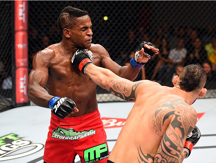 HOLLYWOOD, FL - JUNE 27: (R-L) Santiago Ponzinibbio of Argentina punches Lorenz Larkin in their welterweight during the UFC Fight Night event at the Hard Rock Live on June 27, 2015 in Hollywood, Florida. (Photo by Josh Hedges/Zuffa LLC/Zuffa LLC via Gett