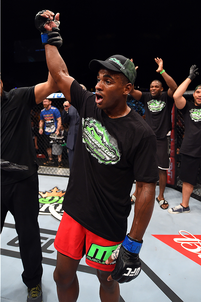 HOLLYWOOD, FL - JUNE 27: Lorenz Larkin celebrates after defeating Santiago Ponzinibbio of Argentina in their welterweight during the UFC Fight Night event at the Hard Rock Live on June 27, 2015 in Hollywood, Florida. (Photo by Josh Hedges/Zuffa LLC/Zuff